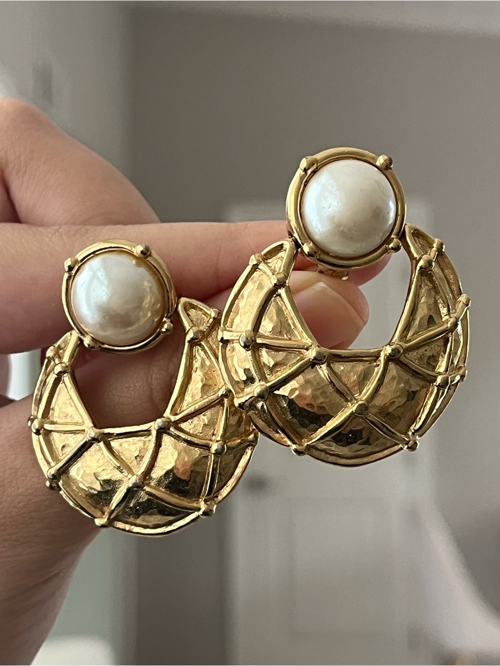 Authentic Vintage Givenchy Door Knocker Pearl Quilted Gold Drop Clip-On Earrings
